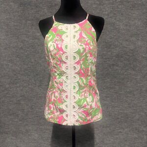 Lilly Pulitzer Annabelle Top Womens Size 6 Pink Green Floral Lace Cotton